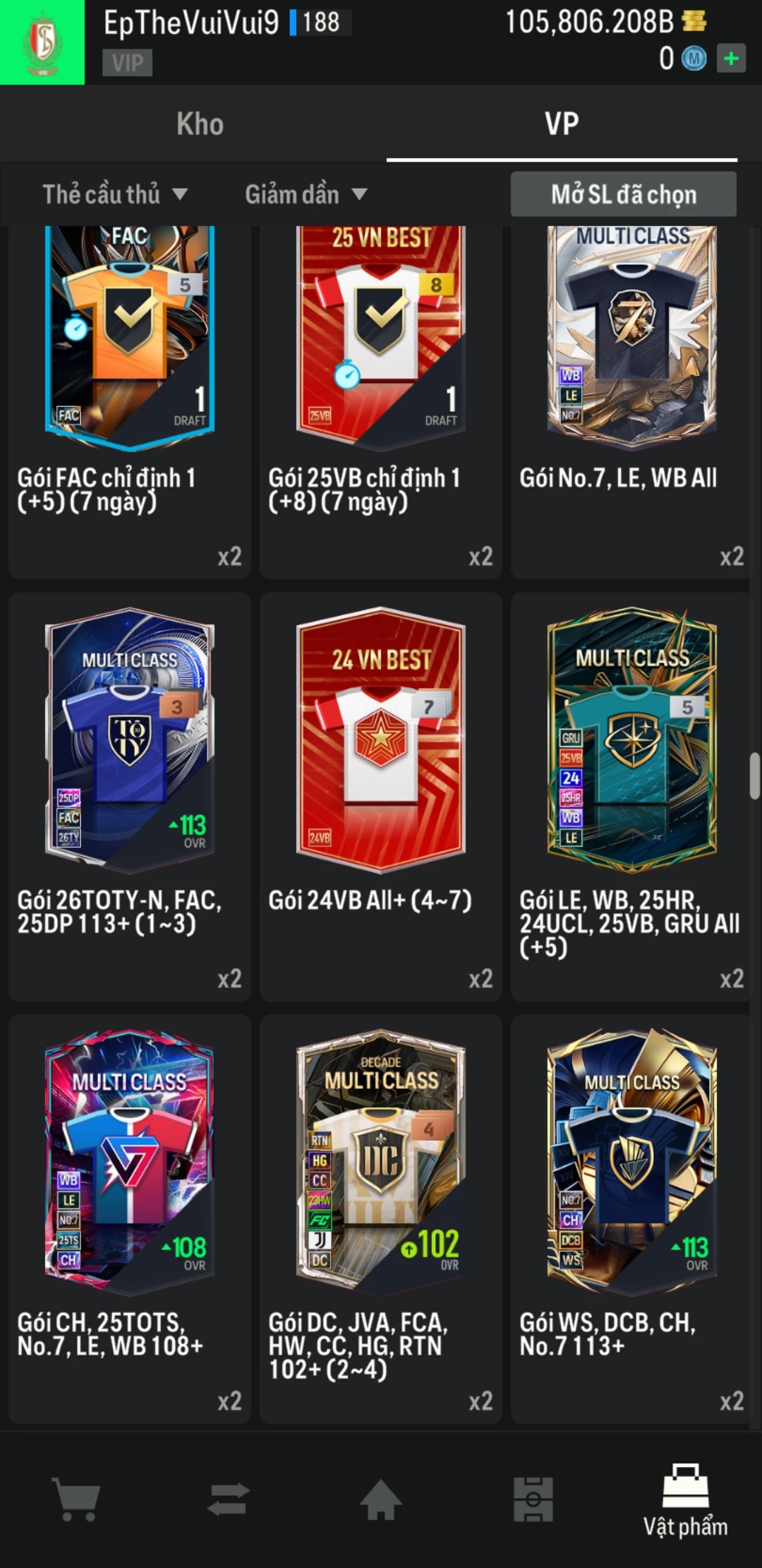 Ảnh ACC mở thẻ (LOẠI SVIP PROMAX) bao gồm có 01 thẻ +12, 03 thẻ PRIME (QH+, CP+, XS+) và hơn 1500+ đến 1600+ thẻ cầu thủ từ Siêu sao đến Miền núi các loại. Acc có sẵn BP trắng từ 90.000 tỷ BP đến 110.000 tỷ BP kèm theo nhiều ngày SVIP